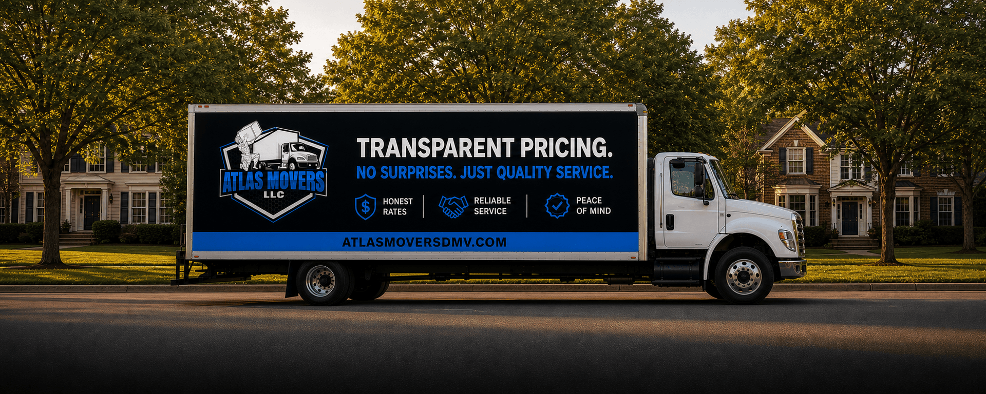 Atlas Movers truck displaying Transparent Pricing, honest rates, reliable service, and peace of mind